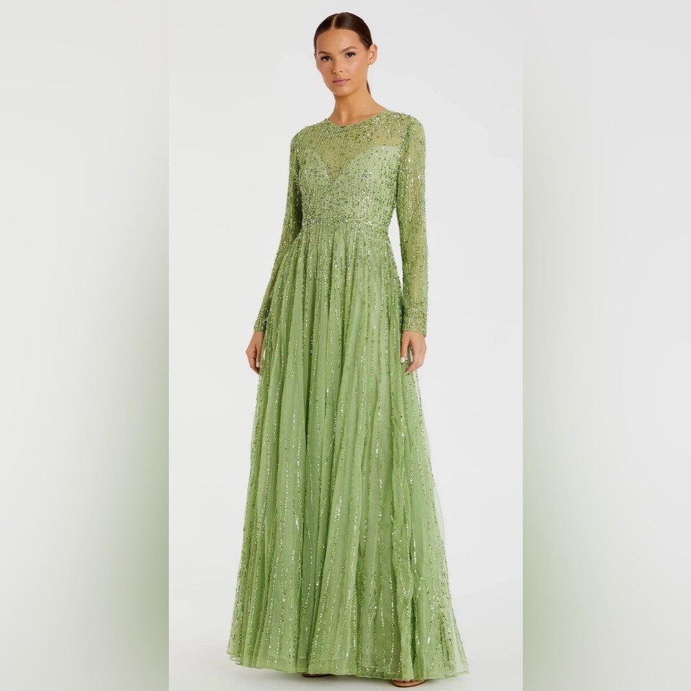 NWT| 5636 Sage Green Illusion High Neck Long Sleeve Embellished Gown Size 10